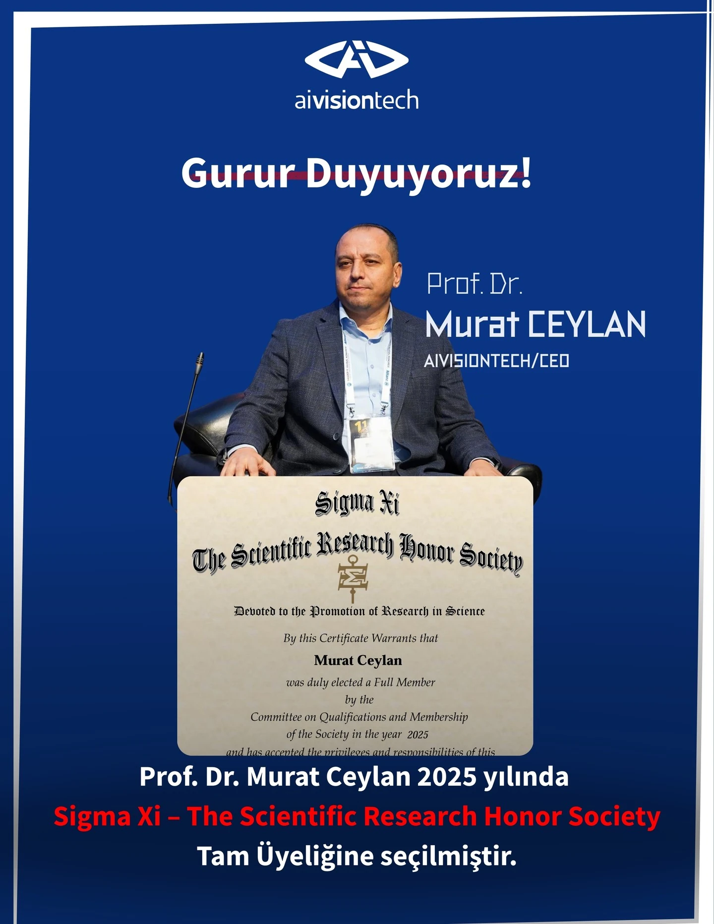 Prof. Dr. Murat Ceylan  Sigma Xi tam üyelik sertifikası
